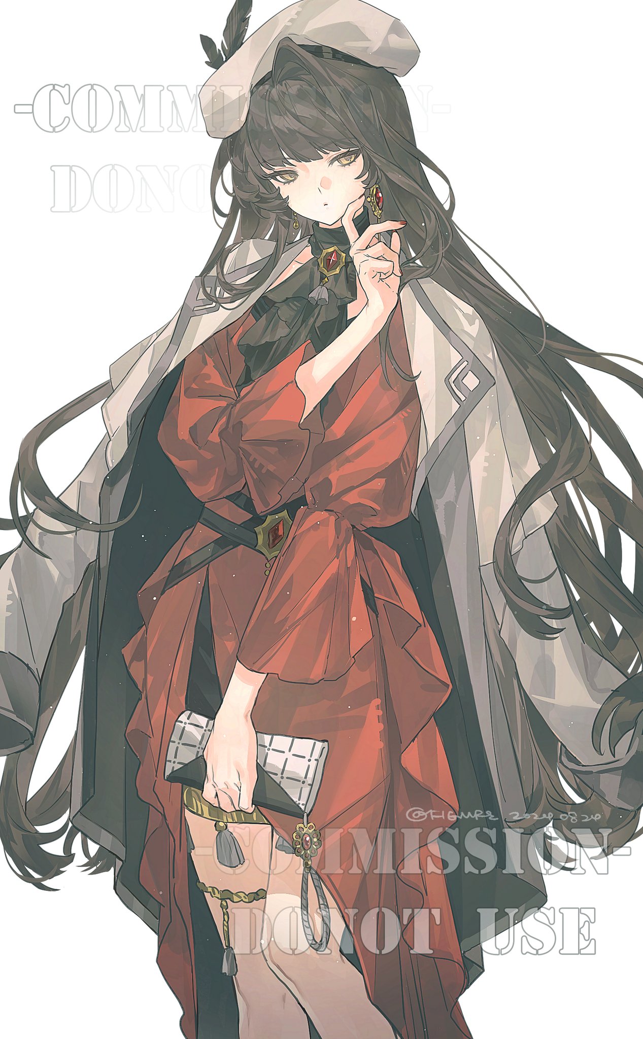 an animestyle illustration depicts a woman with long black hair and bangs, wearing a white beret adorned with a feather. she has a red dress cinched at the waist with a dark belt featuring a decorative buckle. over the dress, she wears a light gray cape. she has red earrings and is holding a patterned purse. she is positioned with a finger to her lips, as if indicating silence or secrecy. the background is white. the image also has the text "commission. do not use" at the bottom.
