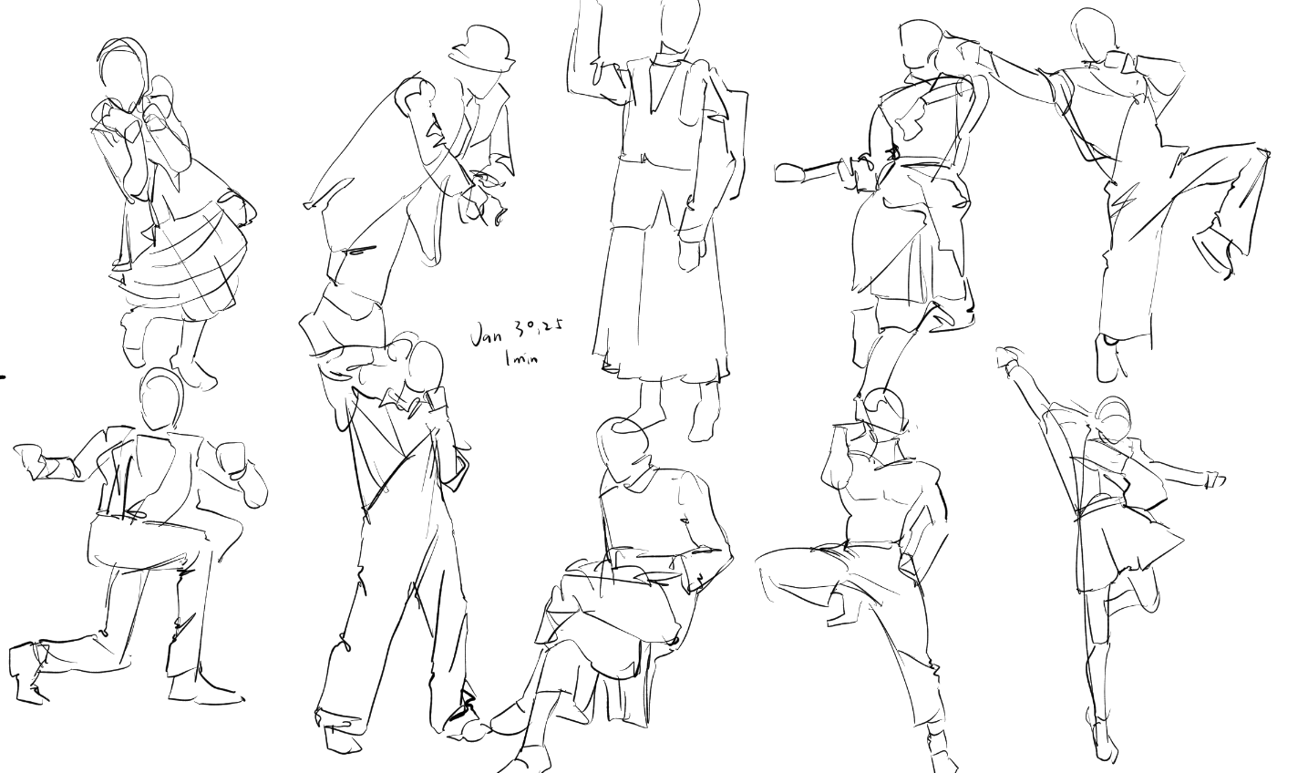 the image contains a collection of quick figure sketches, likely done within a oneminute time frame as indicated by the annotation "jan 30, 25 1min".  the sketches depict various human figures in different dynamic poses, showcasing a range of movement and action.  some figures appear to be wearing clothing suggestive of specific styles or costumes.  the style is loose and expressive, prioritizing the capture of movement and gesture over detailed anatomical accuracy. the overall style is consistent with gesture drawing exercises aimed at improving the artist's ability to quickly capture the essence of a pose.