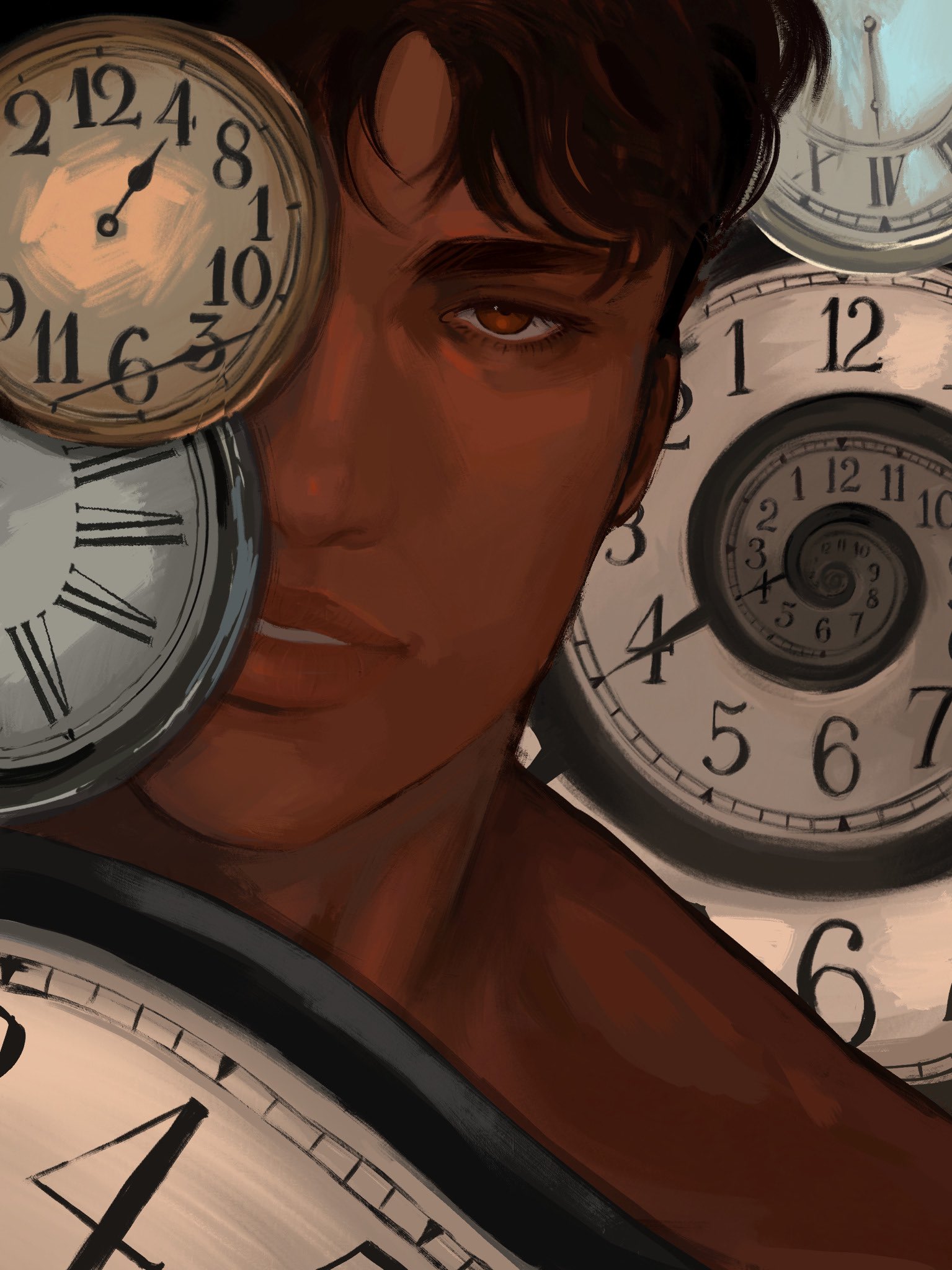 the image is a portrait of a man with brown skin and dark hair. he is surrounded by clocks of various sizes and styles. the clocks are depicted in a realistic style, with intricate details on their faces and hands. the man's expression is neutral, and his gaze is directed slightly away from the viewer.  the overall tone of the image is mysterious and intriguing, suggesting a connection between the man and the concept of time.