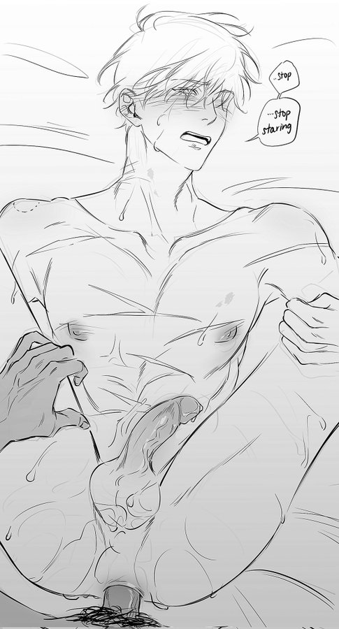 a black and white mangastyle sketch depicting two men in an intimate moment. the focus is on a younger man with short, light hair who is lying on his back, partially nude, with his legs spread and his penis visible. his face is partially obscured, and he appears to be crying or distressed, with tears visible on his cheeks. a hand is shown reaching towards him, seemingly in a gesture of comfort or touch. the sketch is done in a loose, expressive style with visible pencil strokes. text bubbles are visible above his head saying "stop" and "...stop staring". the overall mood is one of vulnerability and intimacy, with a subtle suggestion of sexual tension. the style is reminiscent of yaoi or boys' love manga.