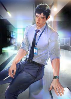 a digital illustration of a handsome man in office attire. he is sitting on a desk, leaning forward slightly, and holding a tablet in his left hand. he appears to be taking a break from work, with a contemplative expression on his face. the environment suggests a modern office setting, with bright lighting coming from both natural and artificial sources.