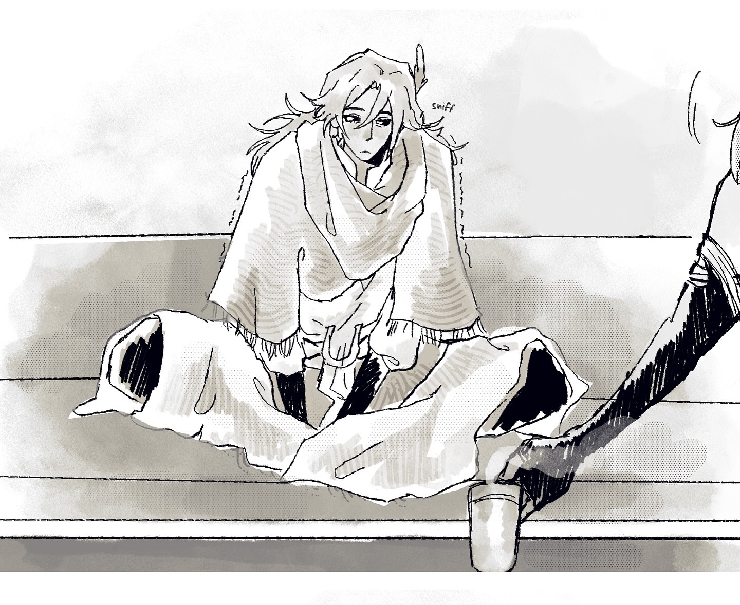 the image is a monochrome drawing or illustration, possibly from a manga or comic.  it depicts a man with long, wavy hair sitting on a bench, wrapped in a blanket or large scarf. he appears to be cold or ill, looking somewhat forlorn.  another partially visible figure is offering him a cup, seemingly offering comfort or care. the style is loose and expressive, with visible brushstrokes and texture. the overall mood is melancholic yet hopeful.