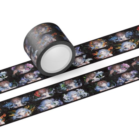 this image shows three rolls of black washi tape with an anime girl pattern. the tape features illustrations of a girl with long, flowing hair, surrounded by flowers and other decorative elements. the background of the tape is black, creating a striking contrast with the colorful illustrations. the rolls of tape are arranged in a staggered pattern, allowing the viewer to see the design clearly.