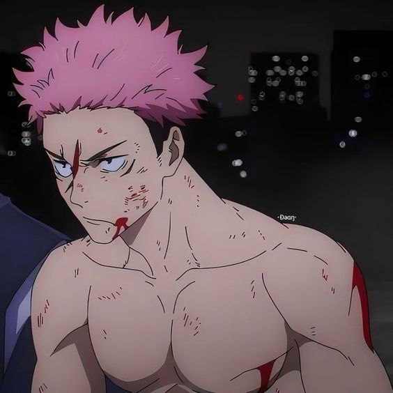 a digital illustration of a young man with spiky pink hair and several scars and cuts on his face and body. he has a serious expression and is looking slightly to the left of the viewer. the background is a dark, blurry cityscape at night.  he is shirtless, revealing a muscular physique. the color palette is muted, with shades of pink, gray, and black. the overall tone is dark and intense.