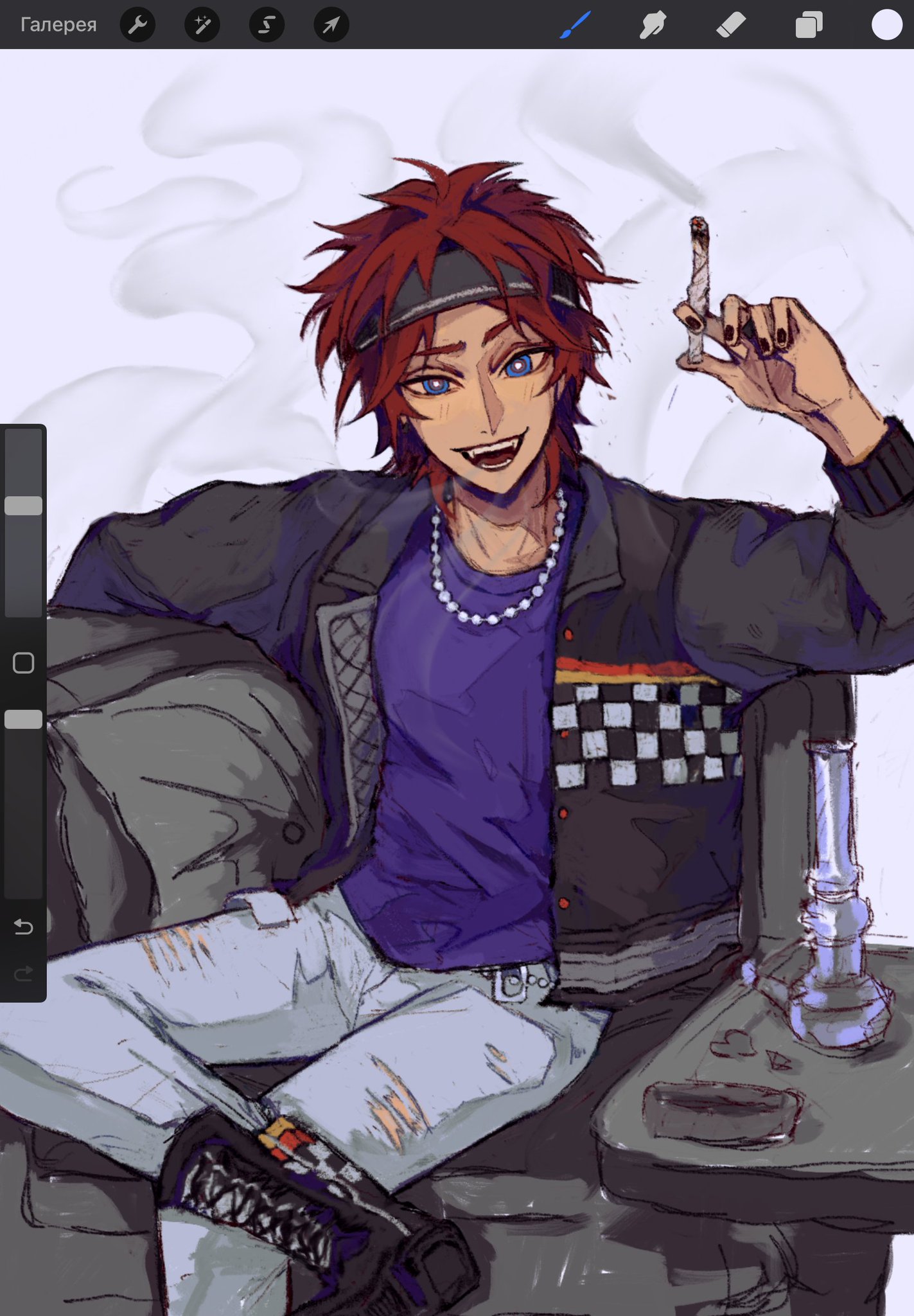 the image showcases a digital painting of a stylish animestyle male character. he's depicted sitting casually, exuding a cool and relaxed demeanor.  he has vibrant red hair, blue eyes, and a smirk on his face. his attire includes a black jacket with a checkered pattern detail, a purple shirt, ripped lightwash jeans, and stylish boots. he's accessorized with a headband, a pearl necklace, and appears to be holding a cigarette and is near a bong. the background is a hazy gray, giving the image a slightly smoky or atmospheric feel. the overall style is a blend of realism and anime aesthetics, with noticeable shading and texture in the clothing and character's features. the artwork displays a high level of skill in digital painting techniques.
