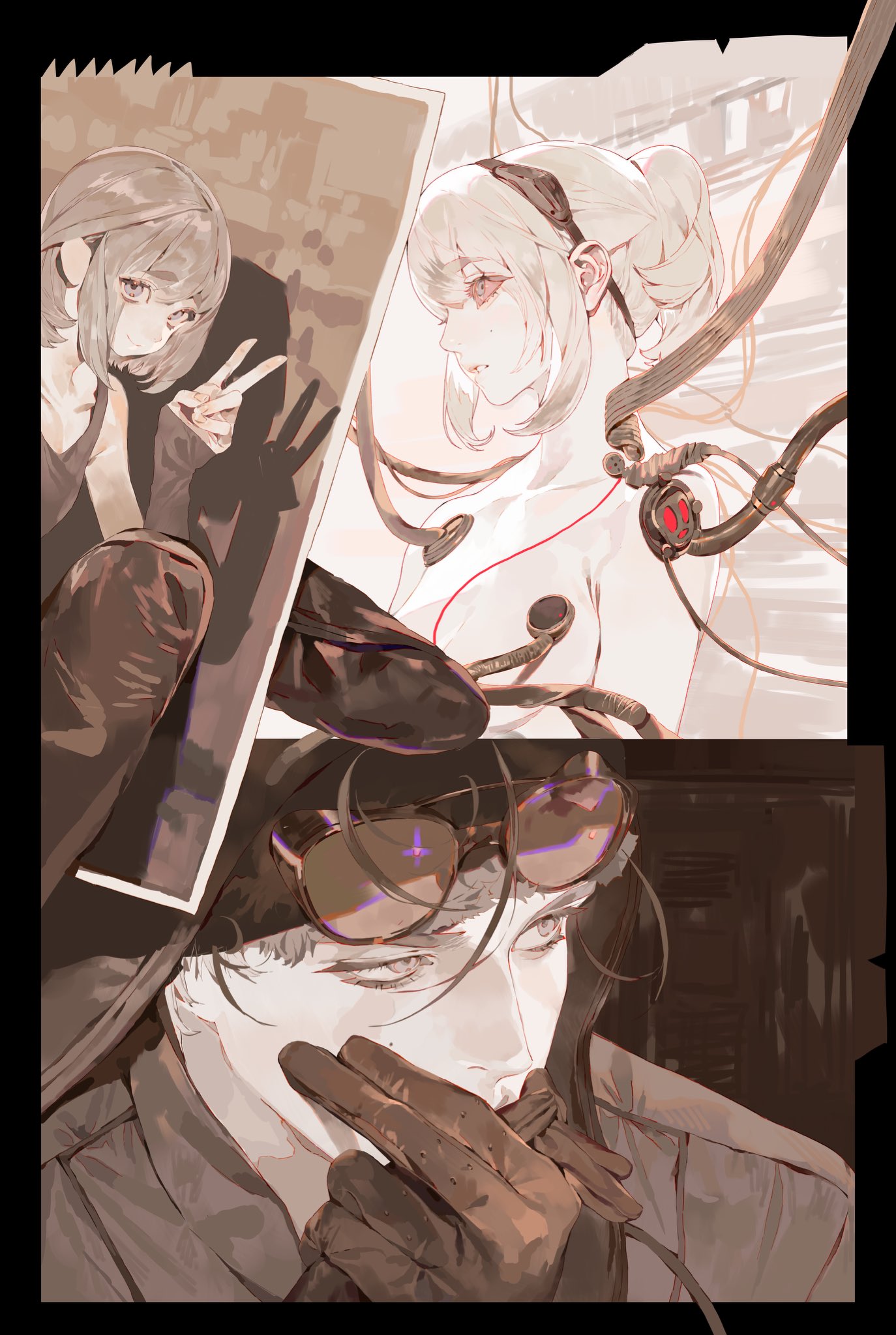 a sepiatoned digital illustration featuring portraits of two women and a man. the first woman is on the upper right, depicted with white hair, a headband, and wires connected to her body, suggesting she is part of a machine. the second woman is on the upper left in a photograph, making a peace sign. a man is on the bottom, wearing sunglasses and gloves, seemingly touching a wire or cord near his mouth. the overall aesthetic is vintage and surreal.