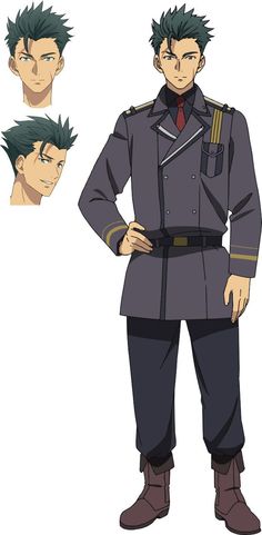 this image shows concept art for a male anime character with short green hair and brown eyes. he is wearing a militarystyle uniform that is primarily gray and black, with gold accents. the character is shown in a standing pose with a neutral expression on his face, and there are two smaller headshots of him above his shoulders, one facing forward and one in profile.