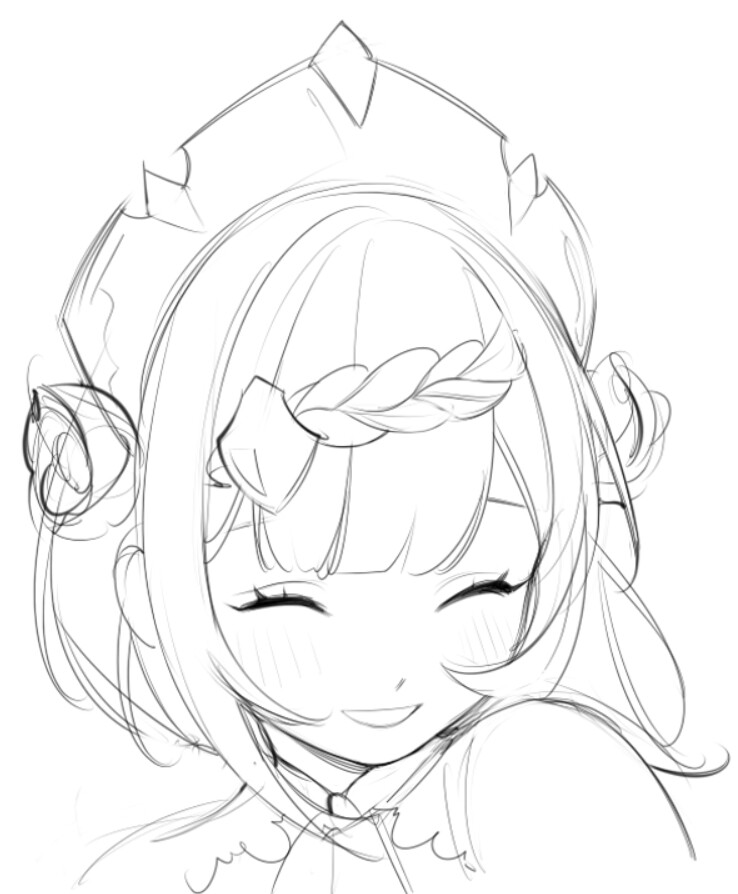 it is a black and white sketch of a young animestyle girl with her eyes closed and a happy expression on her face, suggesting she is smiling or blushing.  she has short hair with a headband and bow.