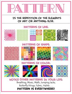 the image is a poster about patterns. it defines patterns as the repetition of elements of art or anything else. the poster gives examples of patterns of line, shape and color. it also encourages people to notice patterns in their daily life.