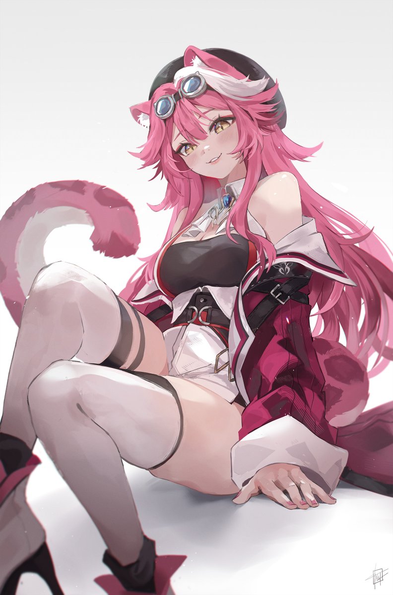 a digital illustration of a pinkhaired anime girl with cat ears and a tail. she is wearing a red and white outfit with thighhigh socks and boots, and she has goggles perched on her head. she is sitting on the floor with a playful smile on her face. the background is plain white, and the lighting is soft.
