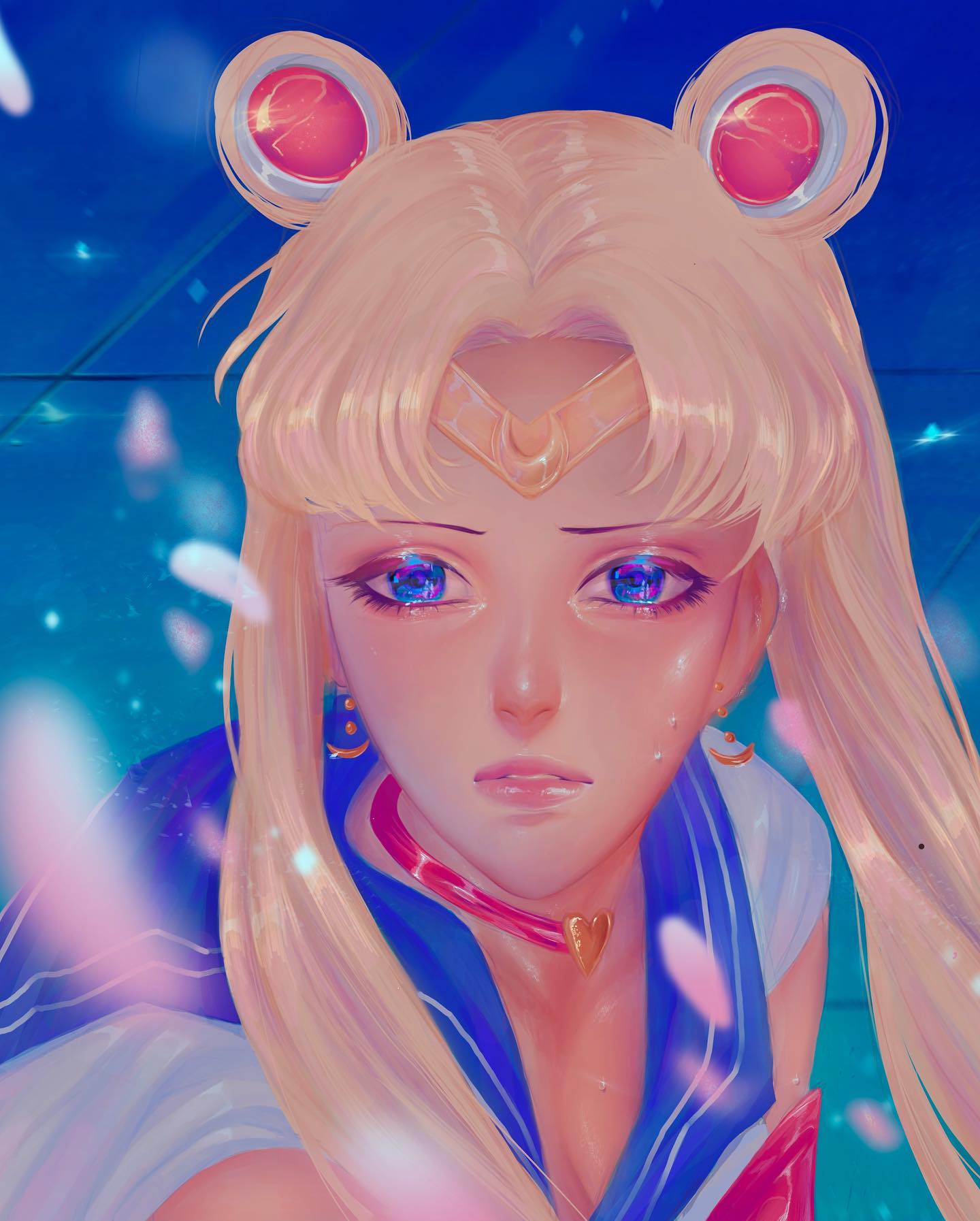 an anime style digital illustration of sailor moon, a magical girl character from the popular manga and anime series. she has long blonde hair, blue eyes, and is wearing her iconic sailor uniform. the image is set against a background of shimmering lights and pink petals, creating a magical and whimsical atmosphere.