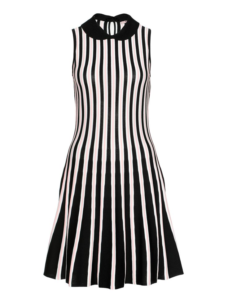 a kneelength, fit and flare sleeveless dress with a black collar and black and white stripes.