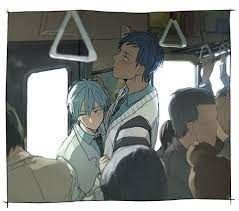he image is an illustration from an anime or manga depicting two young men, possibly a couple, on public transport.  one has light blue hair and the other has blue hair. they are close together, suggesting a romantic or intimate relationship. the bus or train is crowded with other passengers, many partially obscured. the style is soft and slightly muted in color palette, focusing on the central couple. the overall mood is gentle and tender.