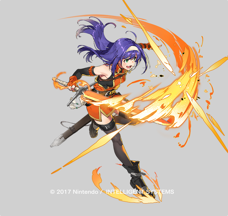 a female anime character with long blue hair and an orange and black outfit leaps through the air, wielding a sword engulfed in bright orange and yellow flames. the dynamic pose and stylized flames create a sense of energetic action.