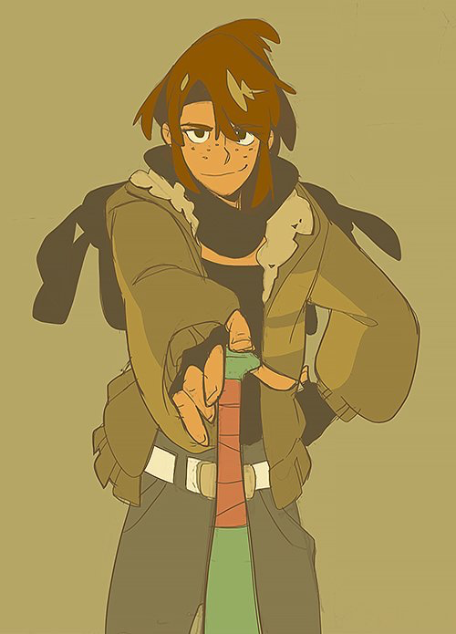 this digital illustration depicts an anime style girl with brown hair and a long black scarf, wearing a brown jacket with fur on the collar, gloves, and black pants. she holds a green and red sword.  the image is drawn in a cartoon style and has a pale brown background.