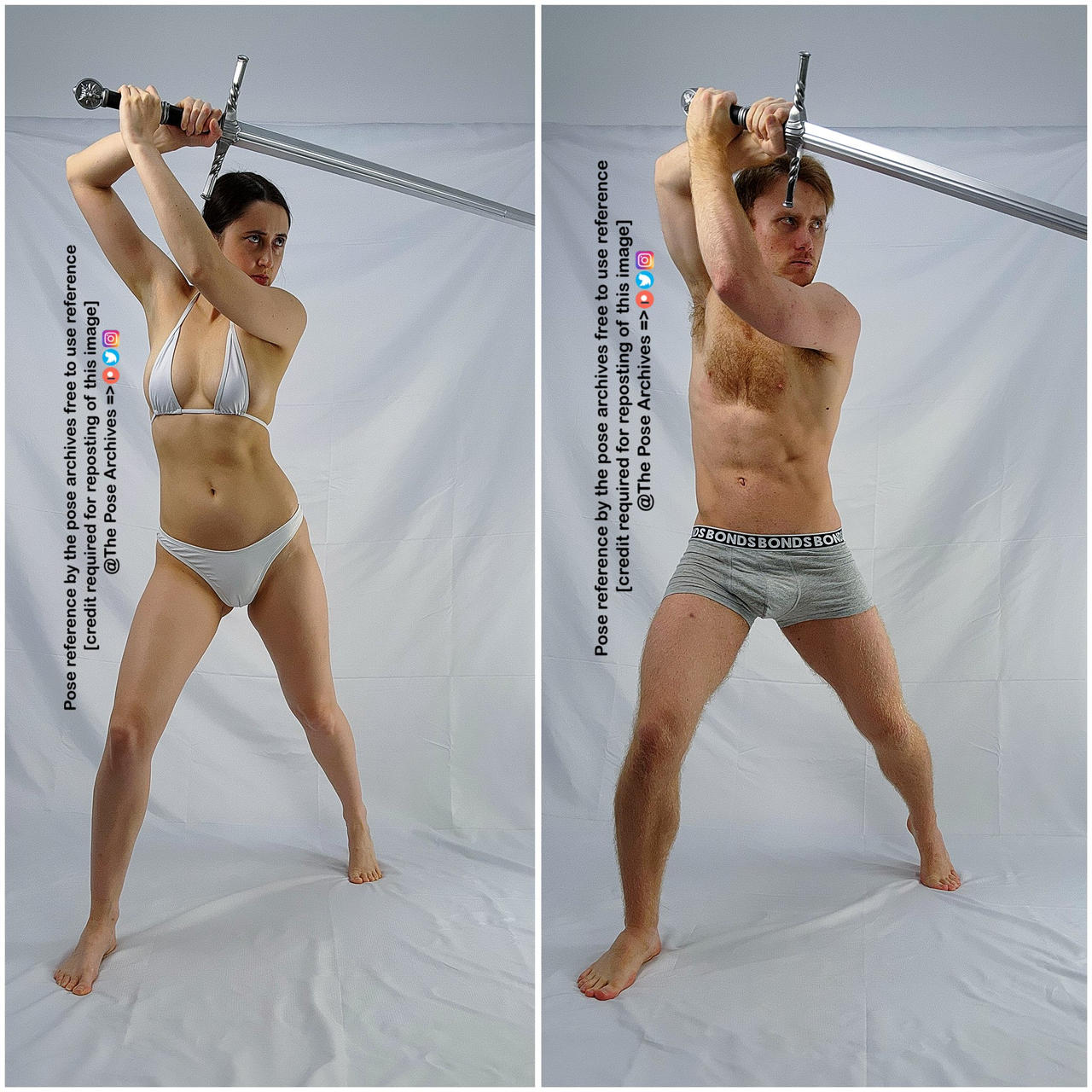 this is a reference image of a man and a woman posing in a fighting stance while holding a double edge sword. they are both facing towards the left side of the image. the background is plain white.