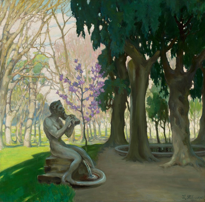 the artwork depicts a park or garden scene with a statue of a man playing a flute as the central focus. the statue is positioned in front of lush greenery and trees, with water flowing from it into a basin. the painting exhibits a vibrant color palette, predominantly greens and browns, with highlights of purple flowers on a nearby tree. the lighting suggests a sunny day, with shadows cast across the lawn. a pathway leads deeper into the park, bordered by trees. overall, the image presents a serene and natural setting.