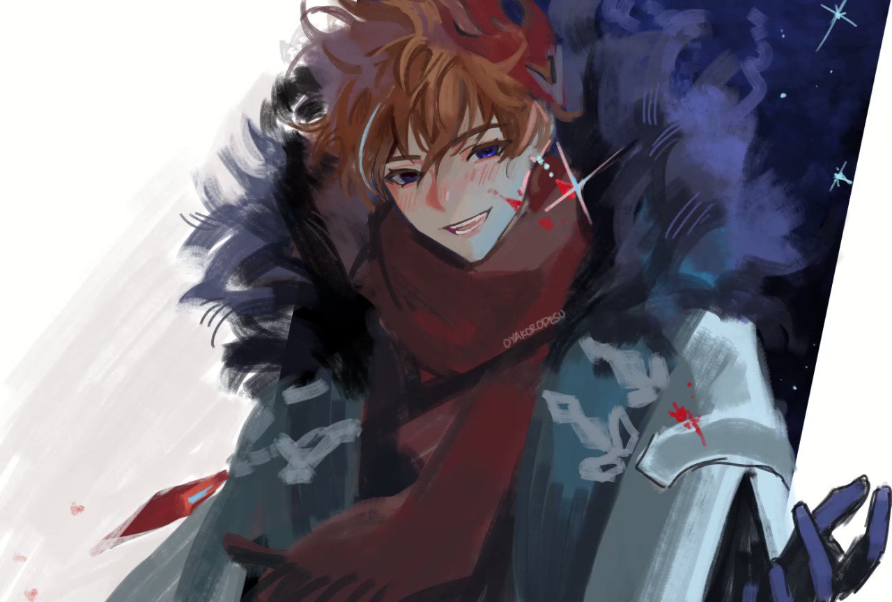 a digital art piece depicting an anime character with red scarf, black hair, white shirt, and blue jacket. the background is white with some blue and purple hues. the character is smiling and looking directly at the viewer. the artwork has a painterly style and is very detailed. the artist's signature "dyakroroosu" is visible at the bottom of the image.