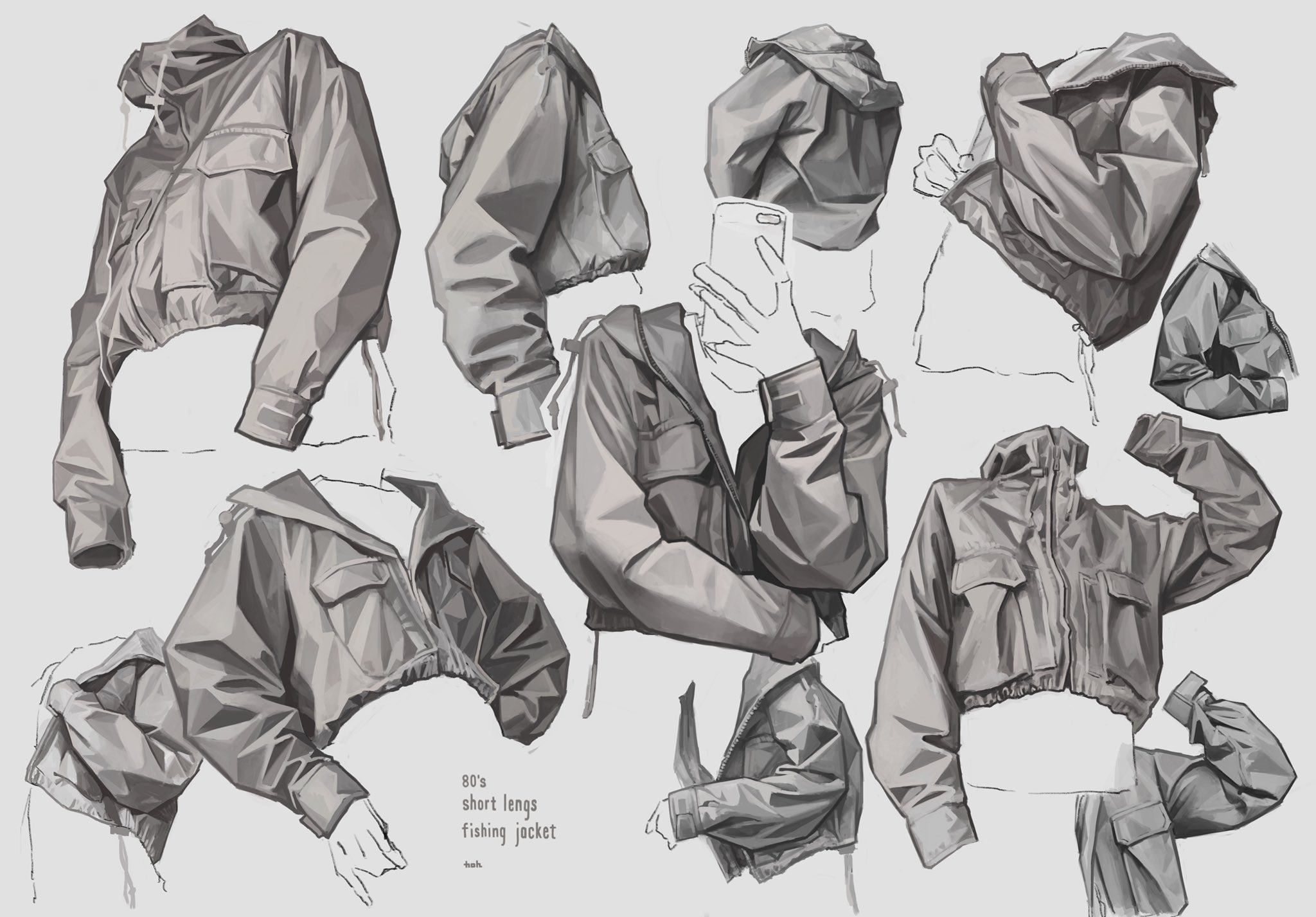 the image showcases a series of detailed digital painting sketches of a shortlength 80s style fishing jacket.  the artwork explores the jacket's form in various poses and perspectives. the jackets are depicted in grayscale, highlighting the texture and folds of the fabric. some sketches show the jacket on a figure holding a phone, adding a context to the design.  the overall style is realistic and focuses on accurately portraying the drape and movement of the clothing.  the image includes a caption labeling the garment as "80's short lengs fishing jacket."