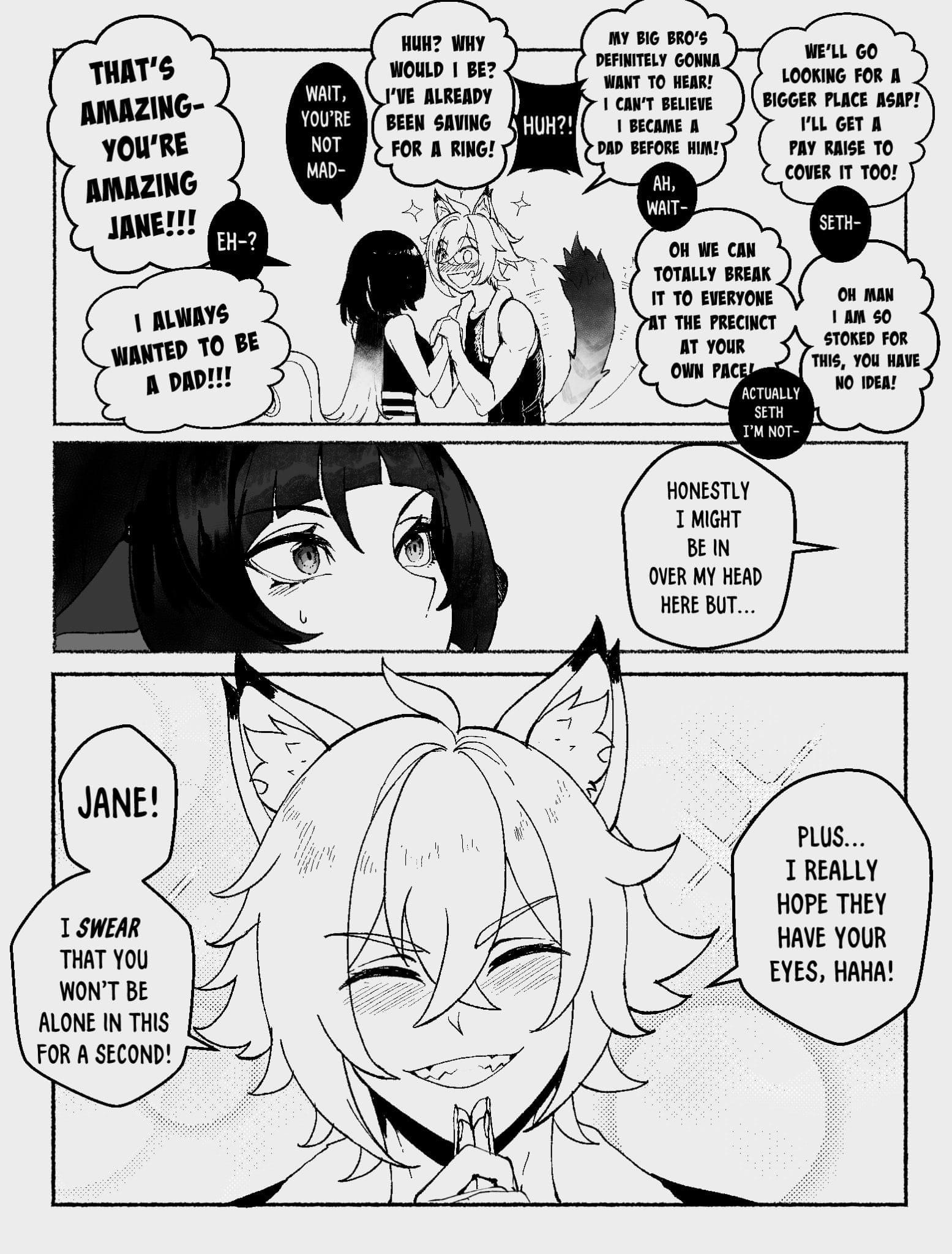 his is a black and white mangastyle comic strip depicting a heartwarming scene.  a woman, jane, is visibly surprised and overjoyed as her male partner reveals he's been saving for a ring, proposing marriage.  the comic continues to show their excitement and plans for the future, including starting a family and moving to a bigger home. the style is expressive, with exaggerated emotions conveyed through character expressions and speech bubbles. the overall tone is joyous and celebratory.