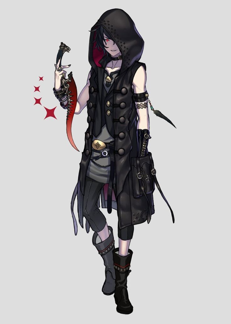 the image showcases a single, male anime character against a plain gray background. he embodies a dark, fantasy aesthetic with an assassin or roguelike attire. he has short, dark hair with red highlights and piercing red eyes. he wears a long, black hooded coat with intricate details like buckles, straps, and pockets. underneath, he sports a dark vest, a white shirt, and dark pants. he's accessorized with belts, armbands, and a feather. he holds a menacing, curved dagger with a red blade in his right hand, its tip adorned with a skull design. the lighting is soft, enhancing the character's features and clothing details without creating harsh shadows. the perspective is a subtle low angle, adding a sense of dominance to the character's pose.