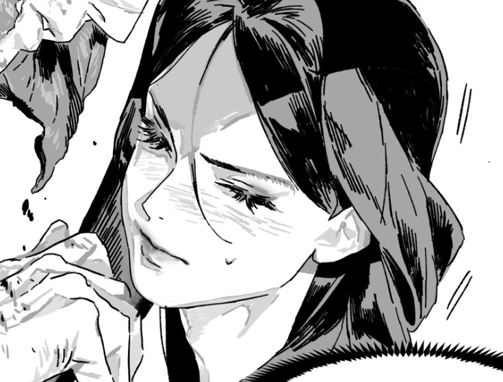 a black and white manga illustration depicting a woman with long hair in closeup. she has a serious expression and a hand is visible next to her face.