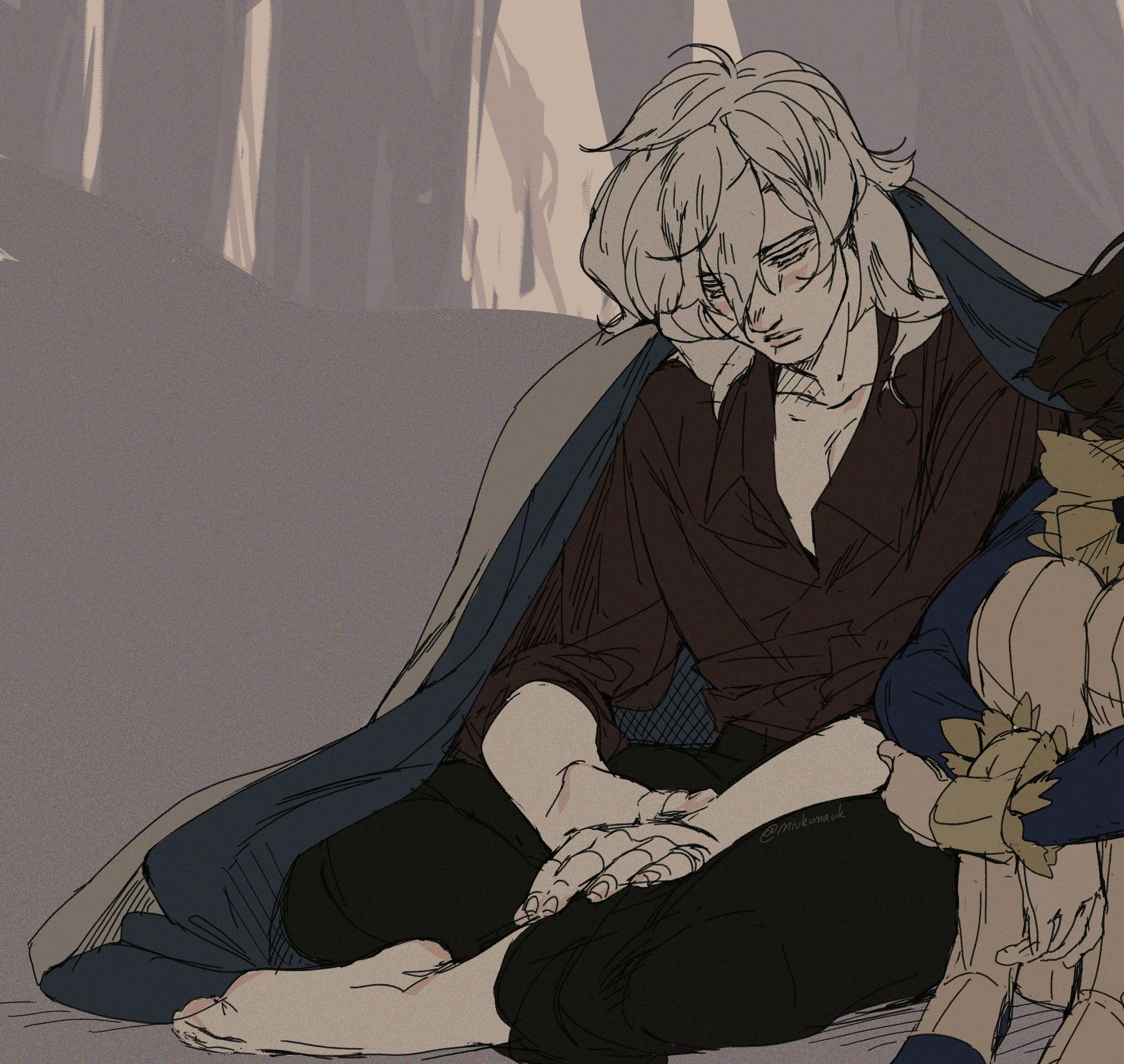 this is a digital illustration of two young men, drawn in an anime style. they appear to be sitting next to each other, with the one on the left holding his head in his hand and looking down. he is wearing a brown shirt, black pants, and a blue jacket. the figure on the right is leaning against his friend and reaching out with one hand. he is wearing a blue shirt, brown pants, and a golden crown on his head. they are in a dim, grey setting, and it seems as though they are both feeling sadness or despair.