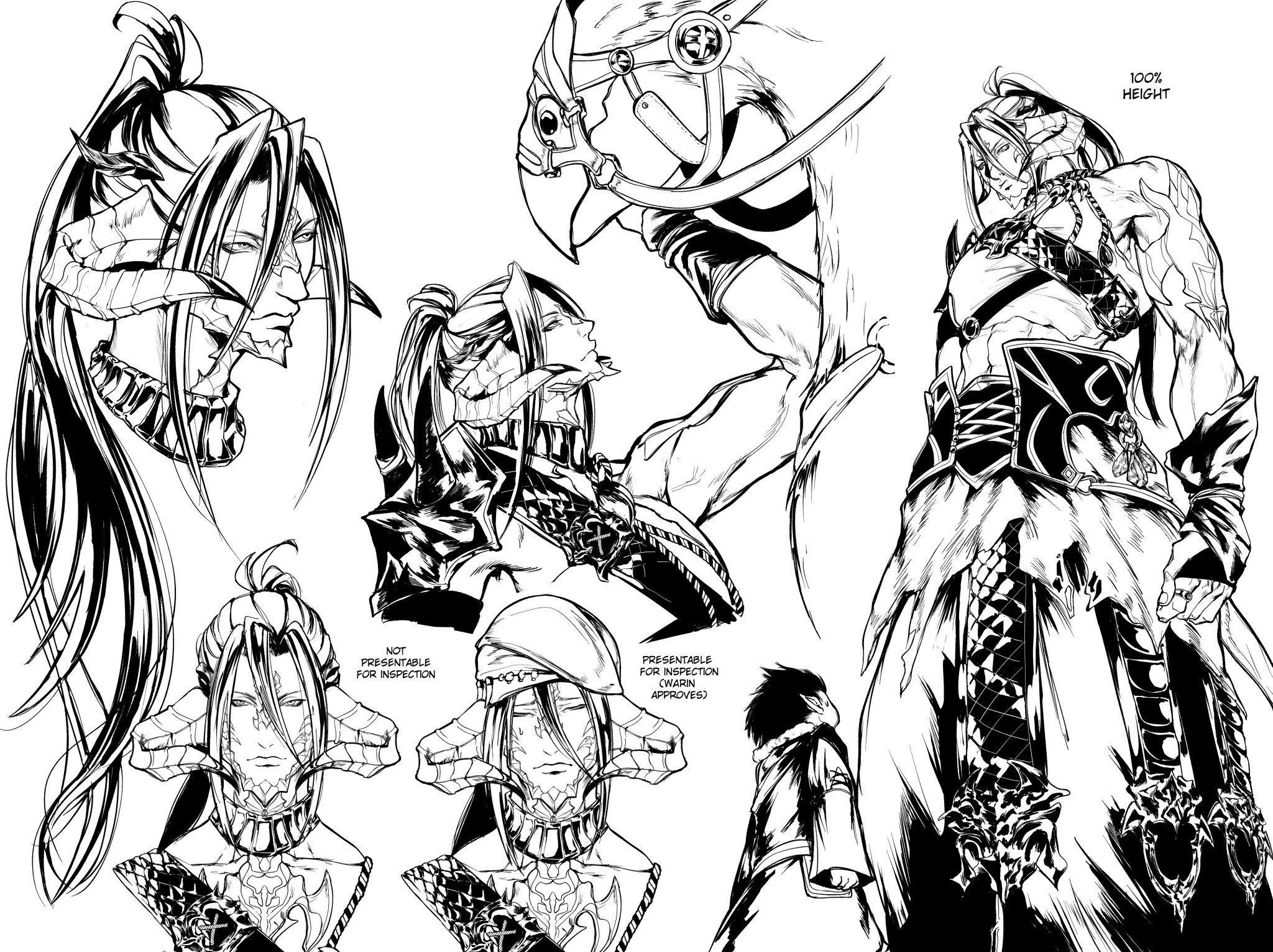 a black and white illustration of a demon or monster character design. it is a muscular creature with long hair that is horned and has large wings, and claws. the demon is wearing an ornate armor with chains and a belt. he is holding a sword in his hand, which is partially obscured by his wings. the demon is standing with his weight on his right leg and his left leg bent at the knee. he is looking directly at the viewer. the demon is drawn in a dynamic pose with a lot of detail. the illustration is likely from a comic book or other fantasy publication.