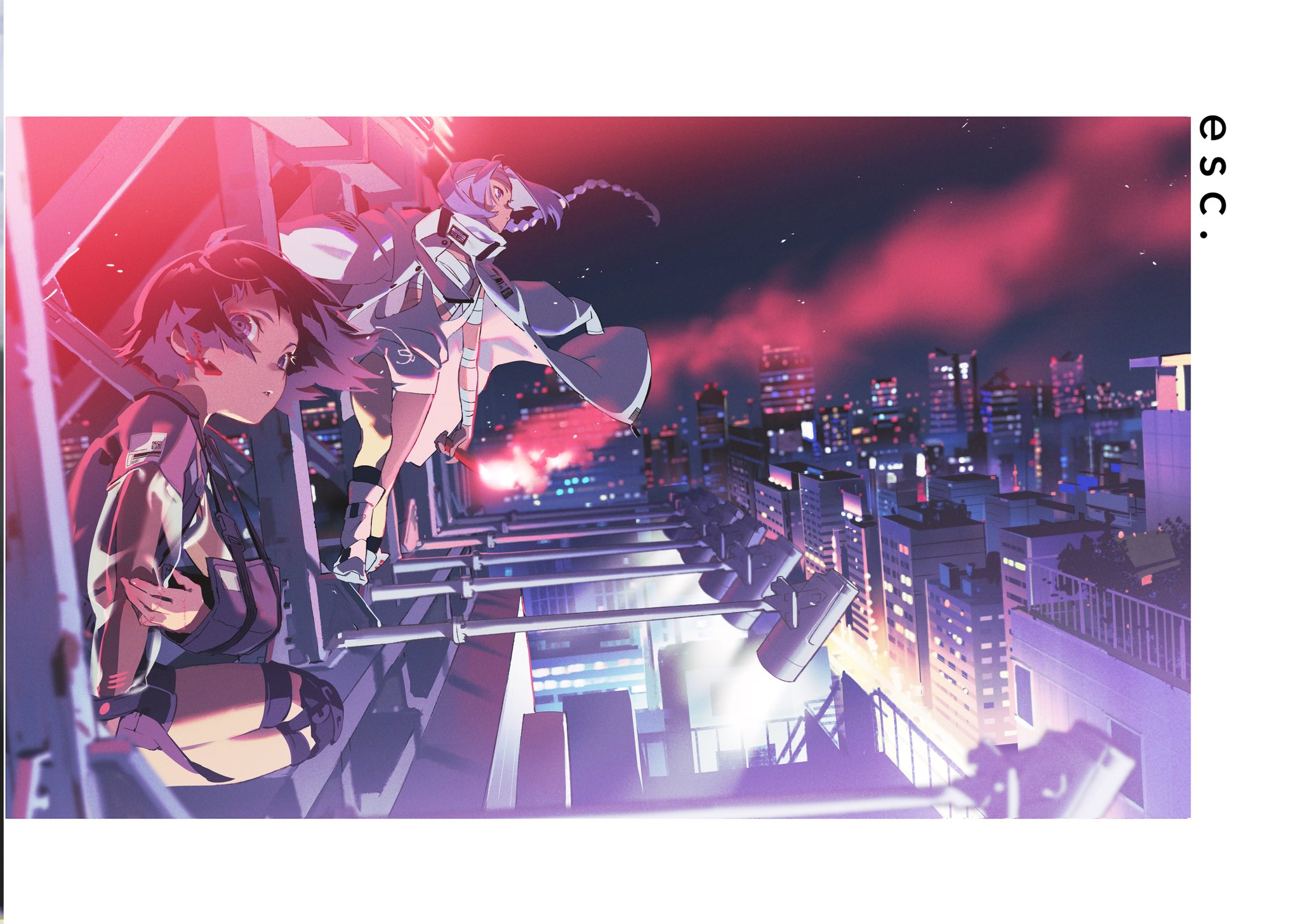the image depicts two animestyle female characters perched on a rooftop overlooking a sprawling, neonlit cityscape at night. the scene is full of action and energy, with a dramatic lighting scheme emphasizing the characters and the bustling urban environment below. one character, with short dark hair and a determined expression, is positioned in the foreground, while the other, clad in white with long blue hair, stands behind her. the overall aesthetic suggests a futuristic cyberpunk setting.