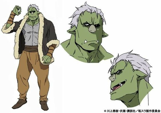 the image depicts a fantasy character design of an ogre, illustrated in an anime style. the character is depicted in multiple poses, including a fullbody shot of an ogre with brown clothes, a closeup of the ogre's head and a side profile view of the same ogre's head. the ogre is described as having green skin, sharp teeth, white hair, and a brown fur jacket with a belt.