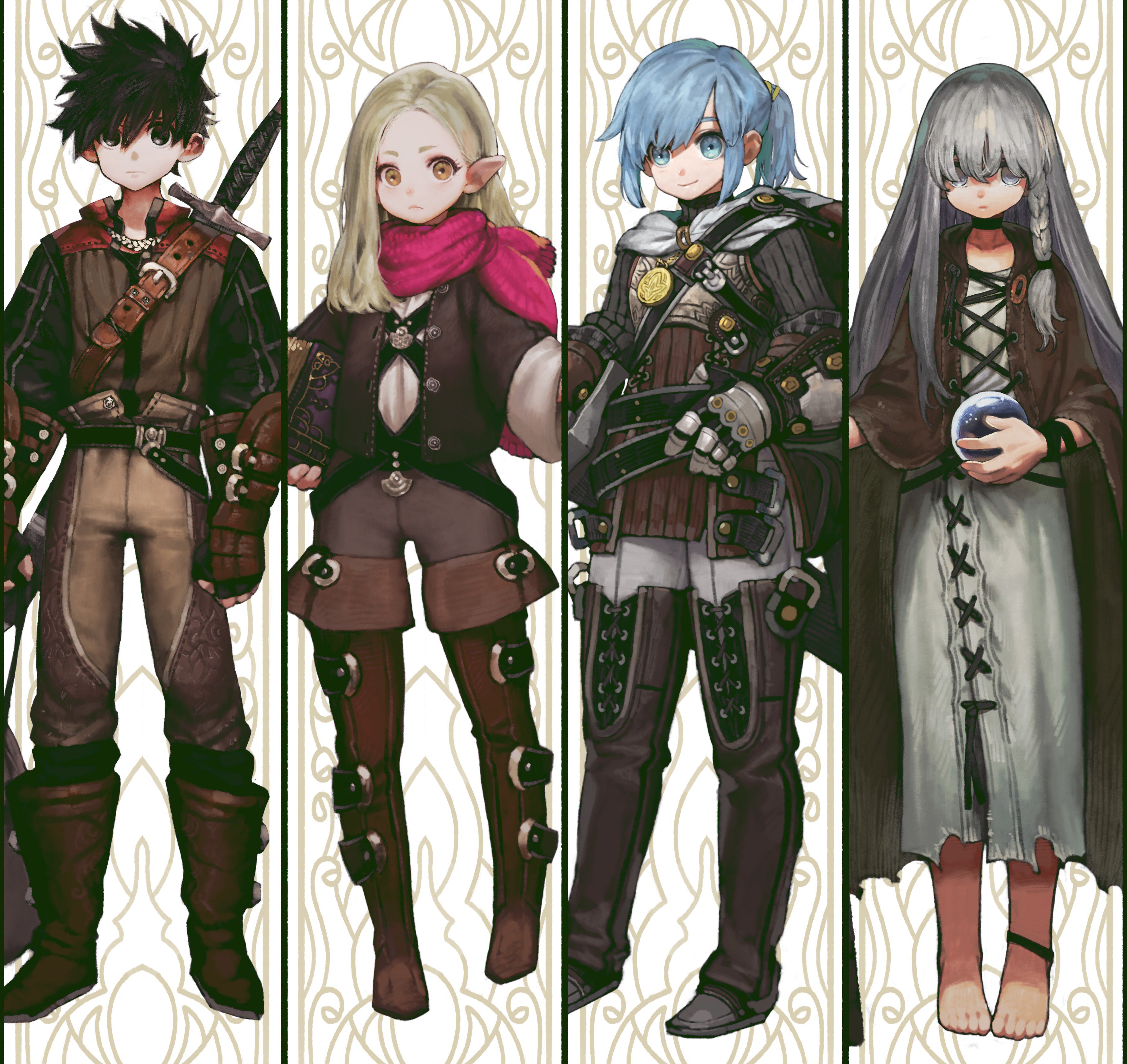the image shows four fantasy characters from a video game or anime.  they are all young and appear to be adventurers. the male character on the left is a warrior, wearing armor and carrying a sword.  the female character next to him is an elf wearing a leather jacket, pants, and boots. the character in the center is a mage with blue hair, wearing armor and carrying a staff.  the female character on the right is another mage,  wearing a long robe and holding a glowing orb. they are all standing in front of a background of swirling patterns, like a game menu.