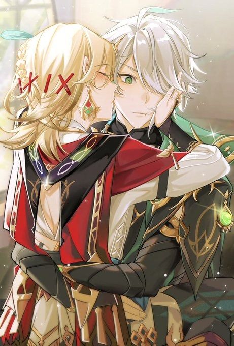 this is a digital fanart depicting a romantic embrace between albedo and klee from the video game genshin impact. klee, with her blonde hair and red clothing, is leaning in to kiss albedo, who has white hair and is wearing a green and black outfit. both characters are drawn in a style consistent with the game's art, with detailed clothing and soft lighting. the overall mood is one of affection and tenderness.