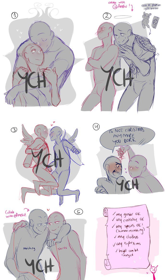 the image is a set of five ych (you choose head) adoptable art bases. they depict various couples in different poses. the image is in a simple line art style. the bases are for sale and are open for customization to the buyer's preferences.