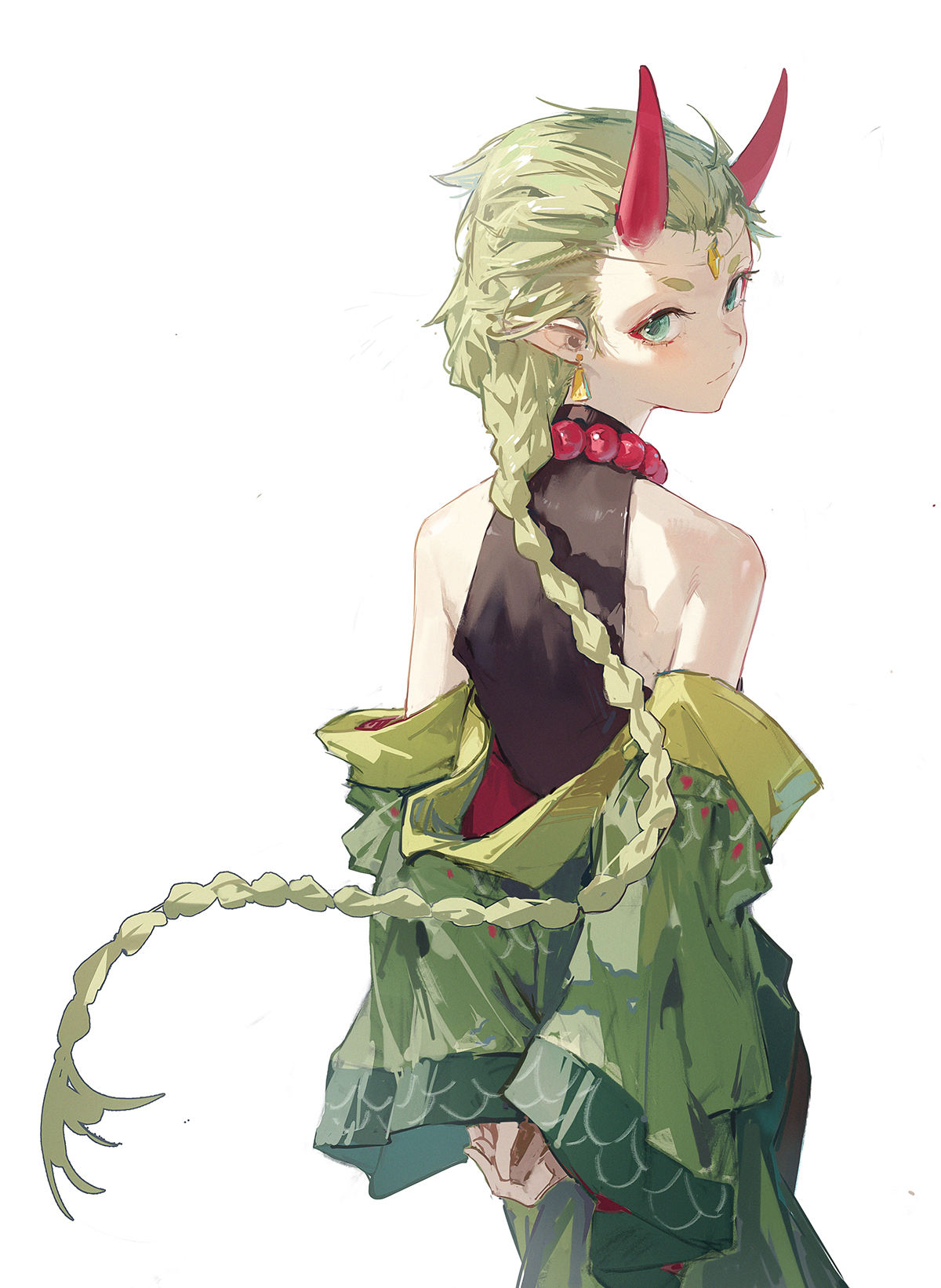a digital artwork depicting a woman with green hair tied into a long braid, wearing a green and red kimono with a necklace. she has red horns. she is looking over her shoulder.  the background is white.