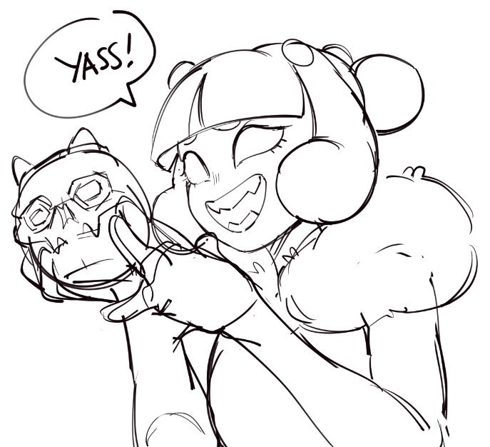 a black and white sketch of a young cartoon girl with her arm around a monster, smiling and saying "yass!". she's wearing a headband and her hair is tied back. the monster is smiling and holding its hand up. the sketch appears to be a draft and is not fully finished.