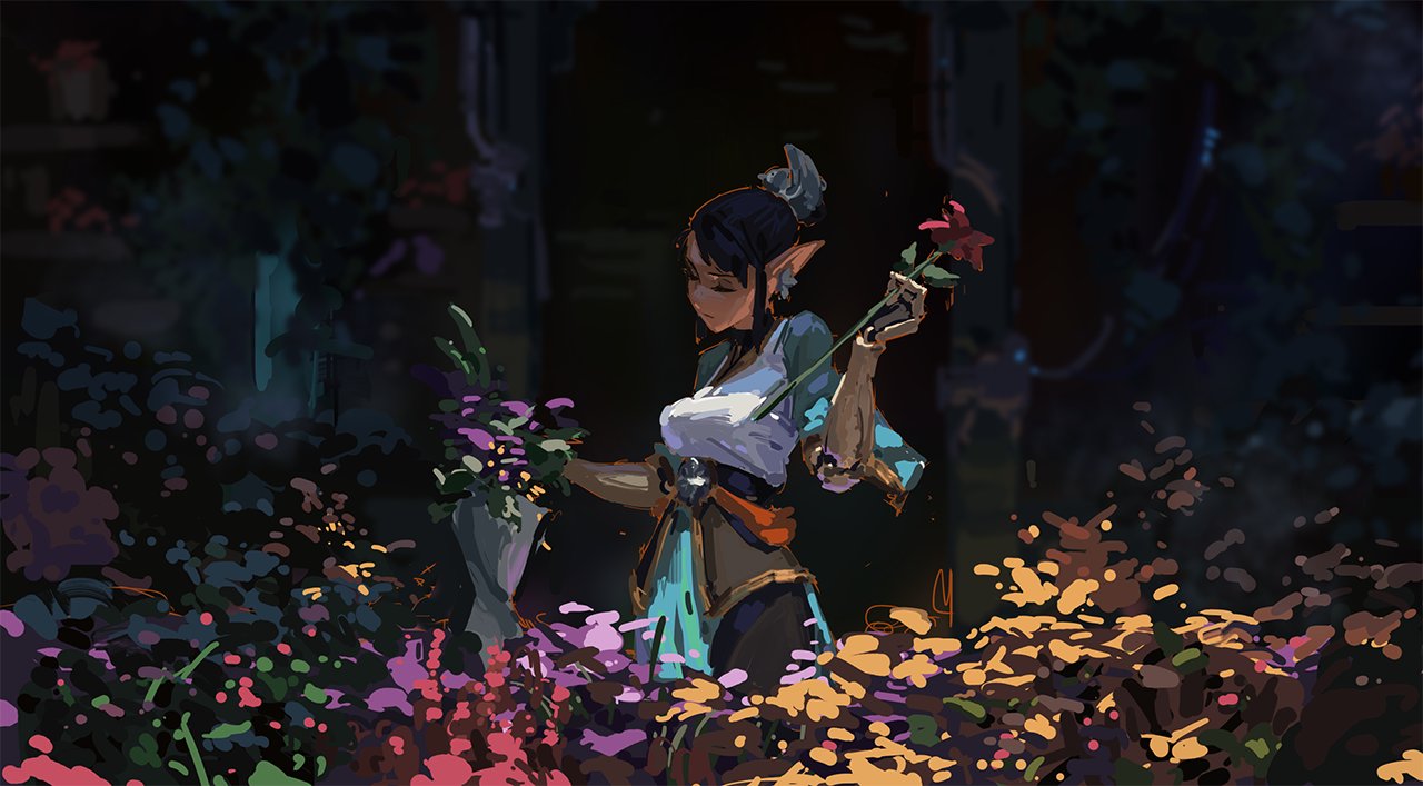the digital painting depicts a fantasy elf woman, possibly a florist, amidst a vibrant array of flowers in a dimly lit shop or garden. she's dressed in a teal and white outfit with orange accents, and possesses pointed ears.  her expression is serene and focused as she holds a single red rose and arranges a bouquet of other flowers. the background is dark and moody, suggesting a nighttime setting. the overall style is painterly, with loose brushstrokes creating a textured and expressive look. the colors are rich and varied, ranging from deep purples and greens to bright yellows and oranges, enhancing the magical atmosphere.  the image evokes a sense of mystery and tranquility.