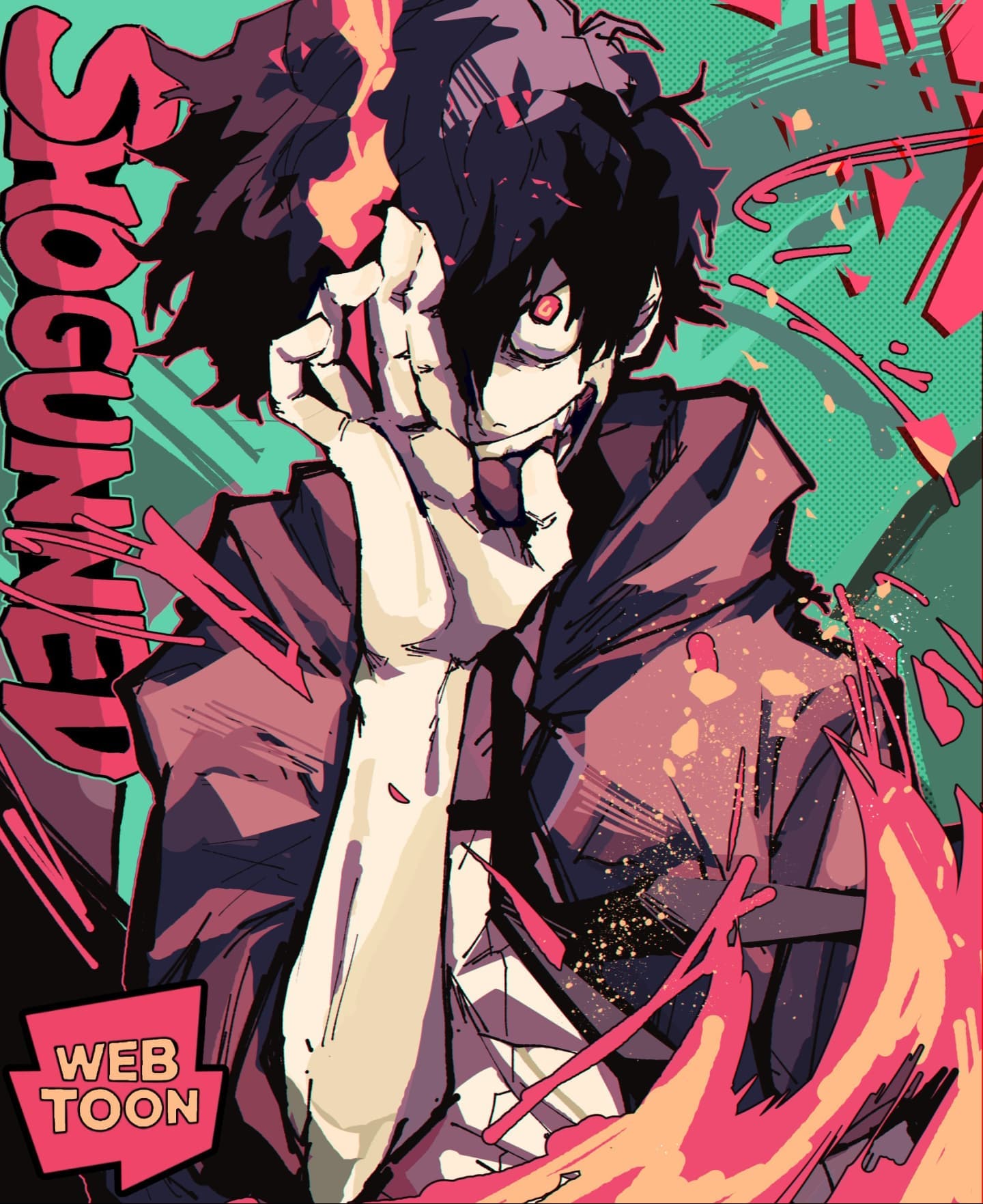 the image is a vibrant, stylized illustration or promotional art featuring a male character from a webtoon titled "shoguns." the character's design is reminiscent of anime and manga styles, with exaggerated features and dramatic posing.  he has dark, spiky hair, intense red eyes, and a partially obscured face, creating a sense of mystery. his expression is fierce and unsettling. he is wearing a dark, loosefitting coat or robe. the artwork is dynamic, with splashes of bright pink and red paint adding to the actionpacked feel.  a "webtoon" logo is visible in the bottom left corner, indicating the source of the character. the overall aesthetic is dark, edgy, and visually striking.