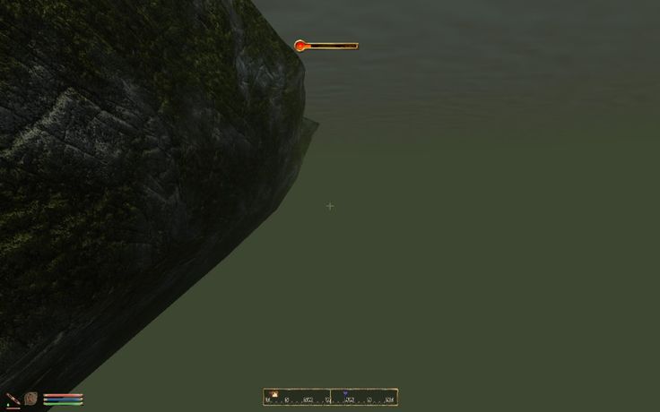 a mossy rock extends out of the water into the darkness of a cave, likely from a video game. the water is dark green. the texture of the rock and water make this image look realistic.  the image is likely from the elder scrolls: oblivion.