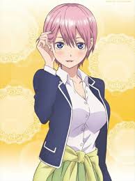 a full body image of ichika nakano from the anime quintessential quintuplets. ichika has pink hair, blue eyes and she's wearing a school uniform.