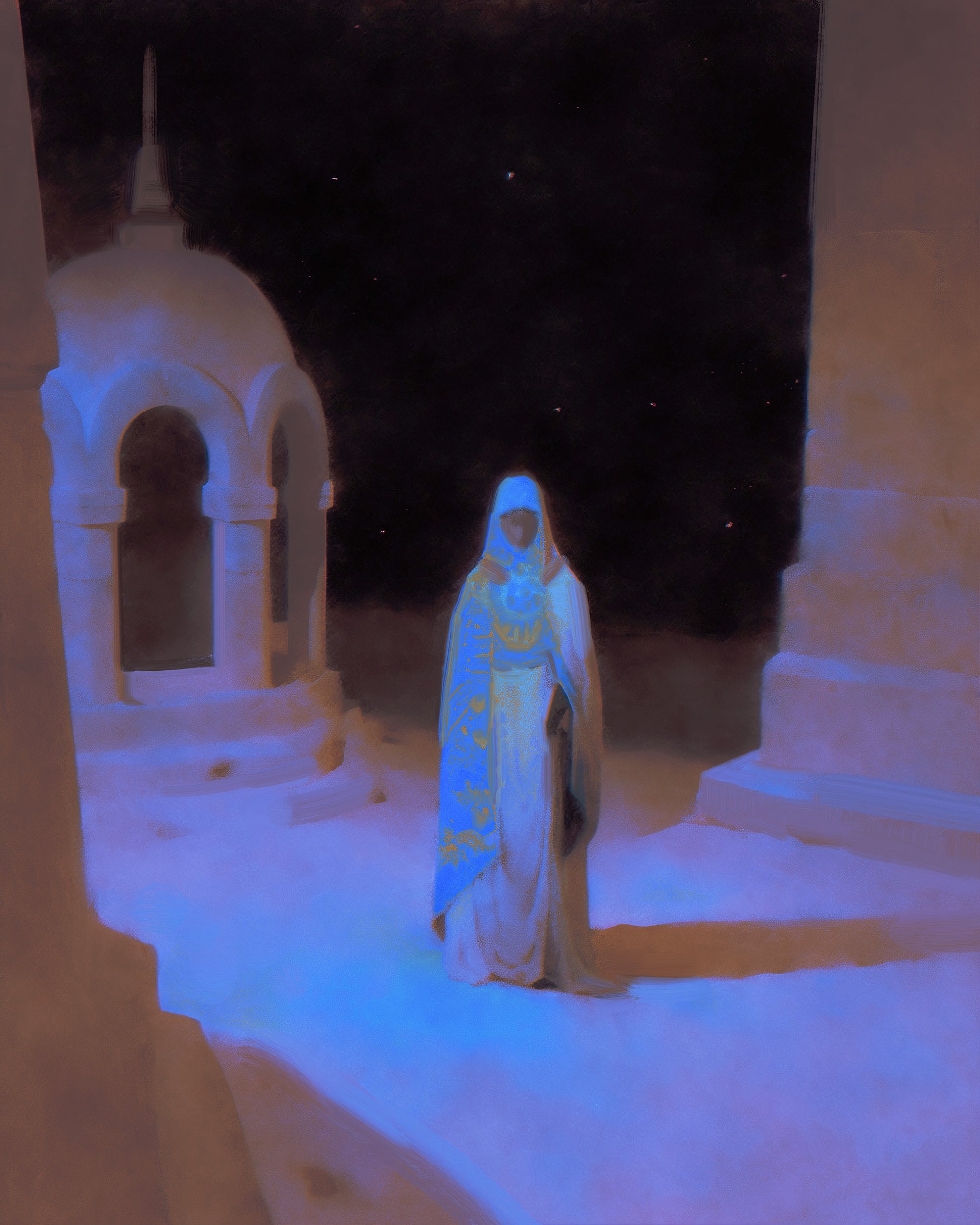 a woman in a long white robe stands in the snow, with a blue robe draped over her shoulders. she is standing in front of a white building with arches, lit by the moonlight and stars. the image is very peaceful and serene, with a sense of mystery and spirituality. it is possible that the woman is a figure of faith, standing in the night, and the arches could represent the gates to heaven. the image invites the viewer to contemplate the meaning of life and death.