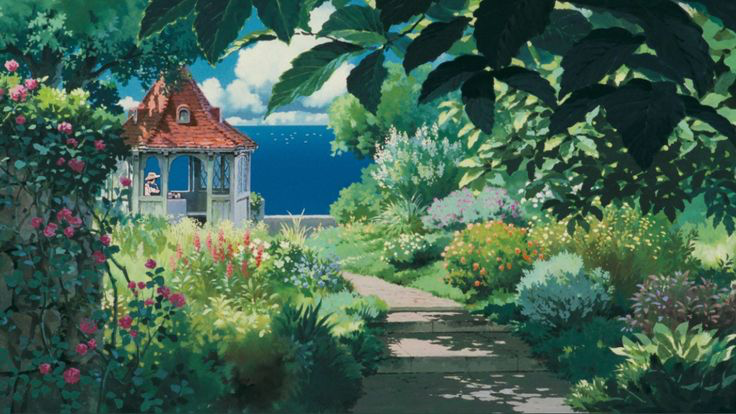 the image is a still from a studio ghibli animation film, depicting a beautiful garden scene.  a quaint gazebo with a reddishbrown roof sits near the edge of a cliff overlooking a calm blue sea.  the garden is lush and vibrant, filled with various flowers, plants, and trees. a stone path winds through the garden, leading up steps towards the gazebo. the overall aesthetic is peaceful, serene, and magical, characteristic of studio ghibli's style.  the foliage is dense, creating a sense of depth and inviting seclusion. the color palette is rich and natural, with shades of green, pink, and blue dominating the scene. a single person is subtly visible within the gazebo, adding a touch of human presence to this otherwise idyllic landscape.