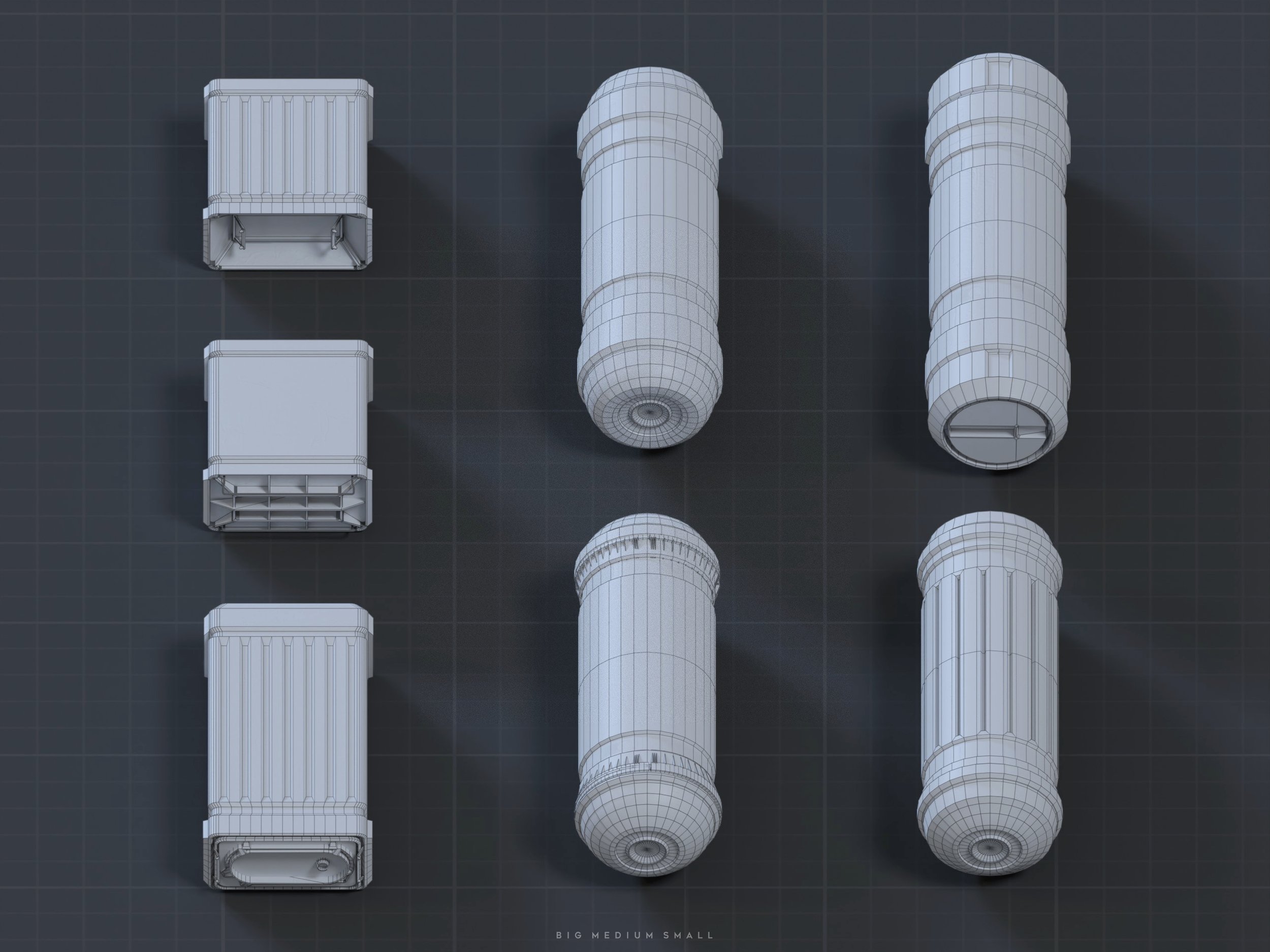 the image showcases a 3d wireframe model of three different sizes of cylindrical containers, likely intended for use as game assets or in other digital design projects.  the sizes are labeled "big, medium, small" at the bottom. three top views and three angled views show the containers from different perspectives. the wireframe structure allows a clear view of the object's geometry. the containers have a slightly futuristic or industrial look.  the background is a dark gray grid, providing a clean, professional presentation.