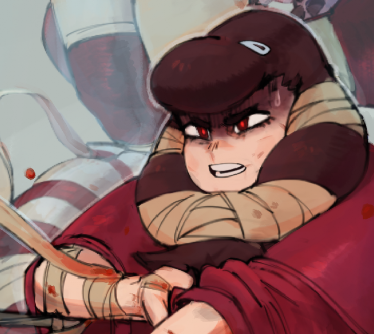 a closeup of a female anime character with a red headband and red clothing with bandagelike wraps. she is holding a hand up and looking angry. her face is partially obscured by shadows. she appears to be fighting or about to fight.  the background is blurred and appears to have splattered blood in it.