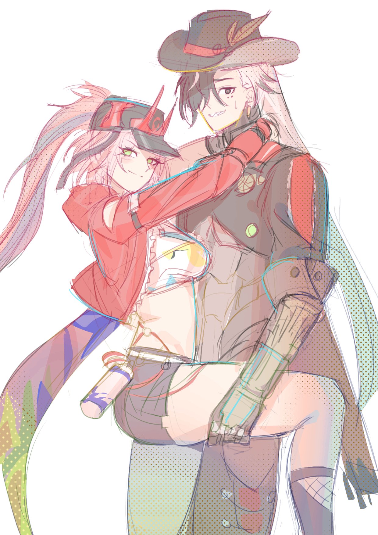 the image is a digital drawing, possibly fanart, depicting a romantic embrace between an animestyle girl and boy. the girl has long pink hair, a red jacket, and a cap; the boy sports a cowboy hat and a darker, more mechanically detailed outfit. the art style is loose and sketchy, with pastel colors dominating the palette. the overall mood is affectionate and playful.  the background is minimalist, drawing focus to the characters. the poses and clothing suggest a blend of modern and possibly futuristic or cyberpunk elements.