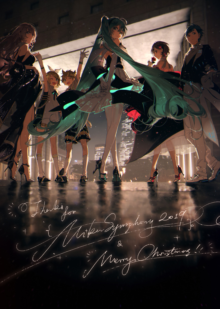 an anime style illustration of vocaloid characters including miku hatsune, rin kagamine, len kagamine, luka megurine, kaito, and meiko standing in front of a city skyline at night. they are dressed elegantly in formal wear. the text "thanks for miku symphony 2019 & merry christmas!!" is written at the bottom of the image.