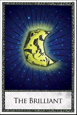 the image is a tarot card, depicting a crescent moon in the night sky. the moon is yellow with intricate details, surrounded by a field of blue stars. the card is framed with a decorative border, and the text "the brilliant" appears below the moon. the card is a representation of the mystical and spiritual, and it can be used for divination and fortune telling.
