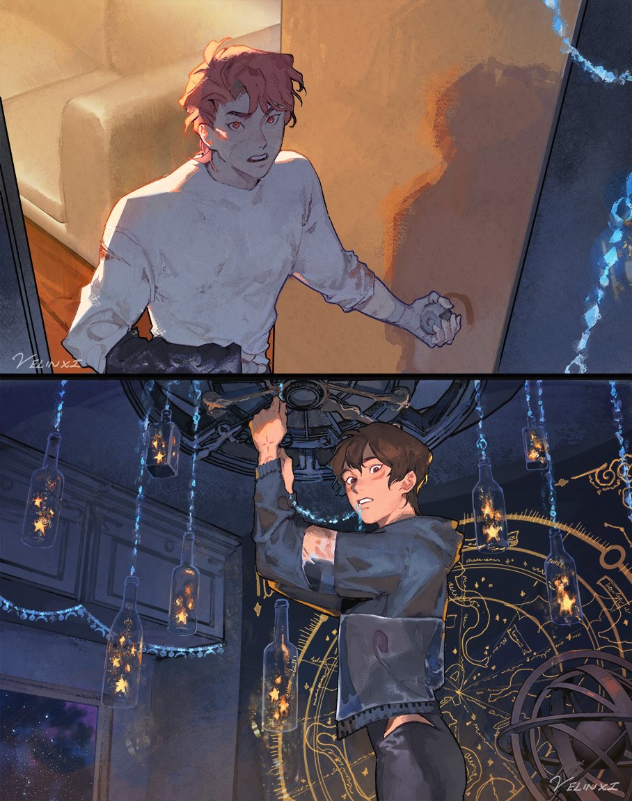the image shows an artwork in two panels. the top panel has a man with orange hair wearing a white shirt. he seems startled. the bottom panel has a man with brown hair wearing a black shirt. he is looking up and holding onto something, surrounded by hanging lamps, bottles, and a constellation map.