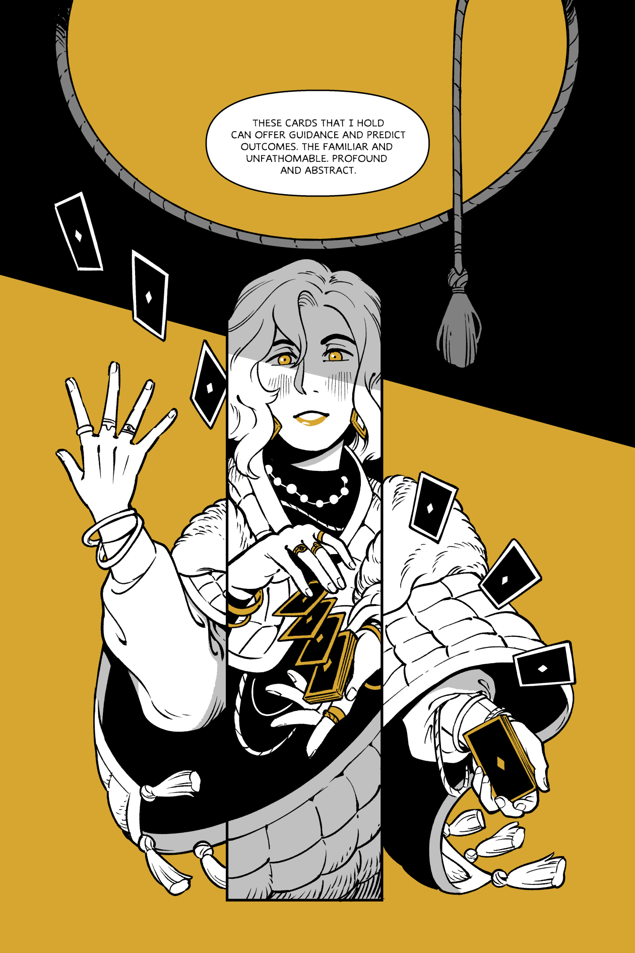 the illustration showcases a charismatic fortune teller, her eyes sparkling with intrigue.  dressed in an elaborate robe adorned with pearls and tassels, she holds a spread of playing cards, their intricate designs hinting at hidden meanings.  the text within the image speaks of guidance, prediction, and the profound nature of her craft.