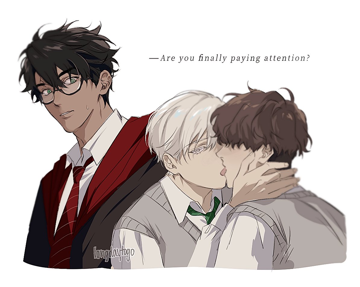 the image is a digital fanart piece depicting three animestyle characters.  one character, with dark hair and glasses wearing a slytherinesque school uniform (red and black) is seemingly observing a passionate kiss between two other characters. the second character has white hair and is wearing a school uniform reminiscent of ravenclaw (light grey and green). the third character has brown hair and is seen kissing the whitehaired character. the overall style is clean and somewhat soft.  text above the characters reads "are you finally paying attention?". the artist's signature, "longdaytogo", is subtly present. the scene strongly implies a love triangle or romantic tension between the characters.