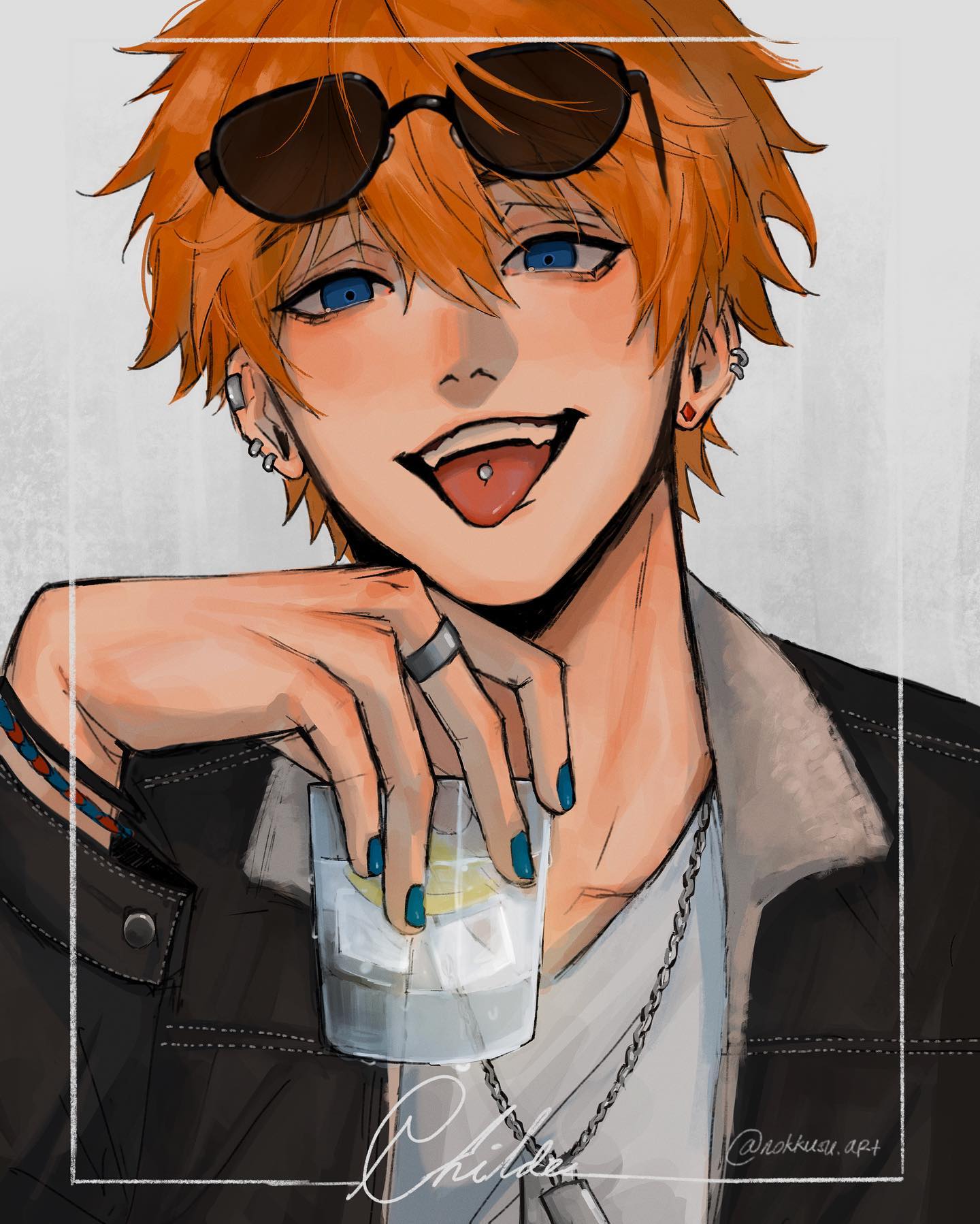 the image is a digital fanart depicting childe (tartaglia) from genshin impact. he's portrayed in a stylized, edgy manner, with bright orange hair, blue eyes, and sunglasses.  he's wearing a black jacket, a necklace, and has several piercings (earrings and a tongue piercing).  his nails are painted teal. he's holding a glass of what appears to be a cocktail with ice and a lemon slice. his expression is a confident, almost mischievous smirk. the art style is modern and features soft shading and highlights. the artist's signature, "@nokkuau_art," is visible in the bottom right corner. the name "childe" is written in cursive at the bottom. the overall feel is stylish and cool.